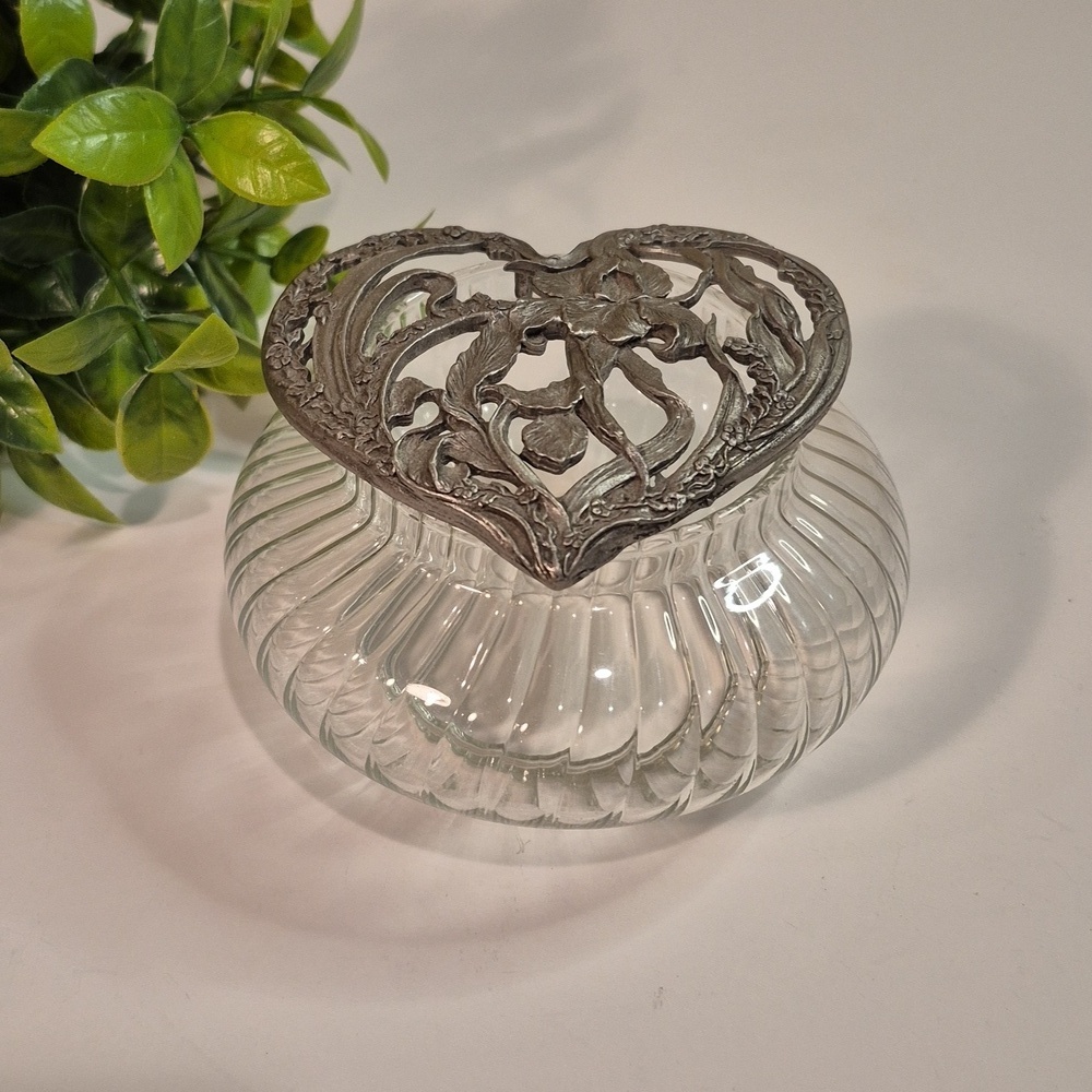 RAWCLIFFE PEWTER Vintage Glass Potpourri Trinket Jar Dish Pewter Iris Detail Lid